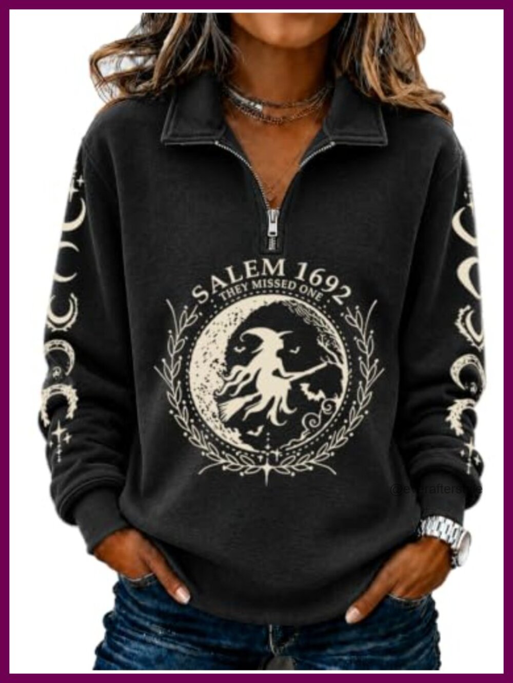 Salem 1692 Witch Graphic Quarter Zip Sweatshirt Fleece Lined